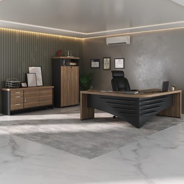 Conjunto Advogado - Mesa Diretor LD + Armário Tamburato com Nicho + Balcão Tamburato com Gavetas - Nogal com Preto