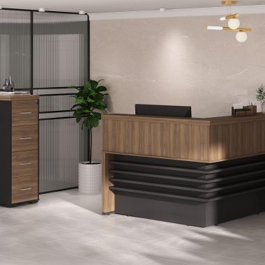 Conjunto Balcão Atendimento + Balcão com Gavetas - Nogal e Preto