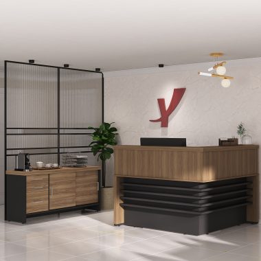 Conjunto Balcão Tamburato Atendimento + Balcão Tamburato com Gavetas Nogal.Preto - (1) Ambientada