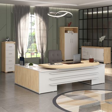 Conjunto Caarv, branco- Mesa Presidente + Balcão Tamb com gavetas + Armário Tamb com nicho + Arquivo Tamb 4 Gavetas