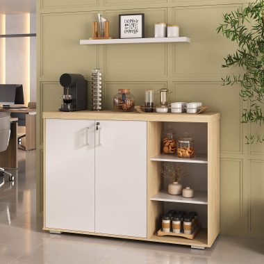 Conjunto Cantinho do Café Tamburato + Prateleira Tamburato 900 Carvalho.Branco