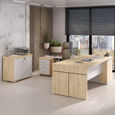 Conjunto Carv, branco- Estação Diretoria com connect + Balcão Tamb 2 portas + Gaveteiro Tamb 3 gavetas (2)