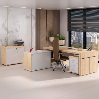 Conjunto Carv, branco- Estação Diretoria com connect + Balcão Tamb 2 portas + Gaveteiro Tamb 3 gavetas