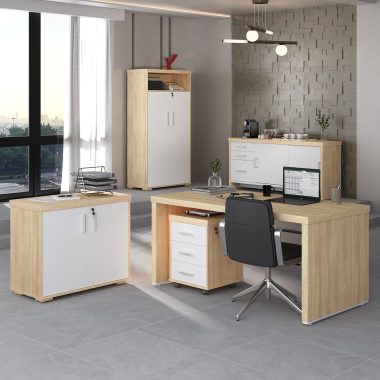 Conjunto Carv, branco- Mesa 1600 + Gaveteiro tamb 3 gavetas + Balcão Tamb 2 Portas + Armário Tamb com Gavetas + Balcão Tamb com gavetas