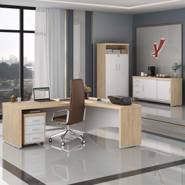 Conjunto Carv, branco- Mesa Diretor LD + Balcão Tamb com Gavetas + Armário Tamb com Nicho