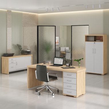 Conjunto Carv, branco- Mesa Tamb com gavetas LD + Armário Tamb com Nicho + Balcão Tamb com gavetas