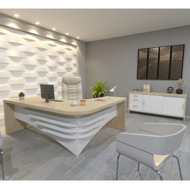 Conjunto Carvalho e branco - Mesa Diretor + Balcão Tamb com gavetas