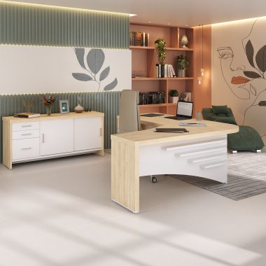 Conjunto Carvalho e branco- Mesa Diretor LD + Balcão Tamb com gavetas