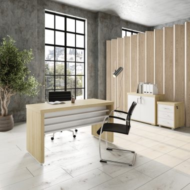 Conjunto Carvalho e branco- Mesa Tamb 1400 + Balcão tamb 2 portas + Gaveteiro tamb 3 gav