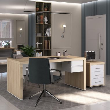 Conjunto Carvalho e branco- Mesa Tamb 1600 + Gaveteiro suspenso + Gaveteiro Tamb 3 gavetas