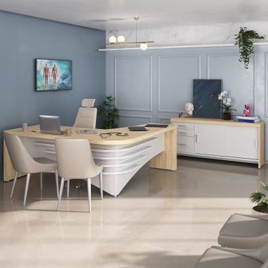 Conjunto Carvalho e branco- Mesa Tamb Diretor LE + Balcão Tamb com gavetas