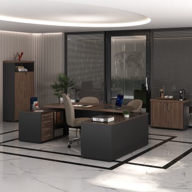 Conjunto Charuto, preto- Mesa Presidente + Balcão Tamb 2 portas + Armário Tamb com nicho