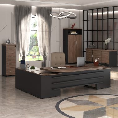 Conjunto Charuto, preto- Mesa Presidente + Balcão Tamb com gavetas + Armário Tamb com nicho + Arquivo Tamb 4 Gavetas
