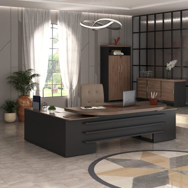 Conjunto Charuto, preto- Mesa Presidente + Balcão Tamb com gavetas + Armário Tamb com nicho