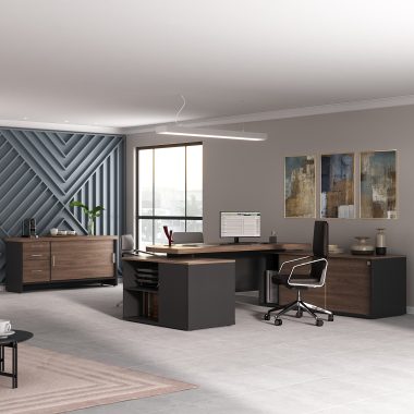 Conjunto Charuto, preto- Mesa Presidente + Balcão Tamb com gavetas