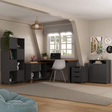 Conjunto Escrivaninha Gold + Armário Wally + Gaveteiro Face + Balcão Cool - Freijó com Preto (1)