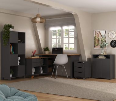 Conjunto Escrivaninha Gold + Armário Wally + Gaveteiro Face + Balcão Cool - Freijó com Preto