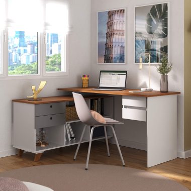 Conjunto Escrivaninha Gold + Gaveteiro Suspenso Freijo.Grafito.Branco