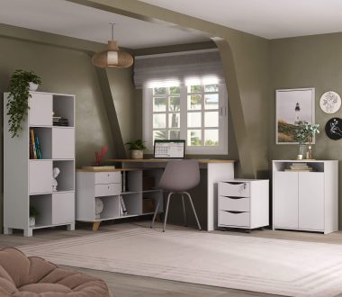Conjunto- Escrivaninha Gold Olmo, branco + Armário Wally + Gaveteiro Face + Balcão Cool