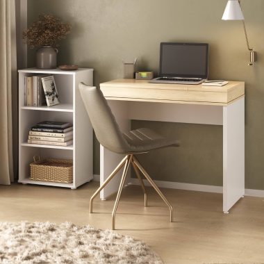 Conjunto Escrivaninha Mind + Estante Clean Carvalho.Branco