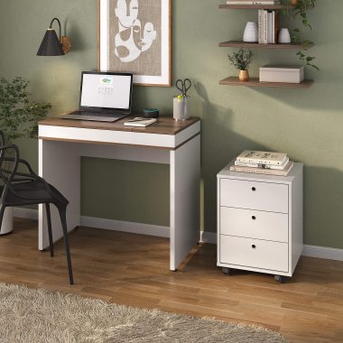 Conjunto Escrivaninha Mind + Gaveteiro New Ipê.Branco