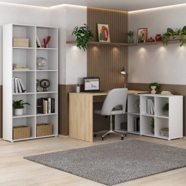 Conjunto- Escrivaninha Nero Carvalho, branco + Estante Clean Branco