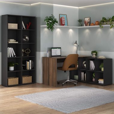 Conjunto- Escrivaninha Nero Preta, ipê + Estante Clean Preta