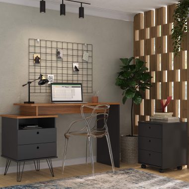 Conjunto- Escrivaninha Plus Preto, freijó + Gaveteiro New Preto