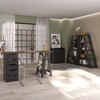 Conjunto- Escrivaninha Spirit Nogal, preto + Cool Preto + 2 estantes Star Pretas