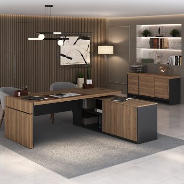 Conjunto Estação Diretoria + Balcão Tamburato com Gavetas - Nogal com Preto