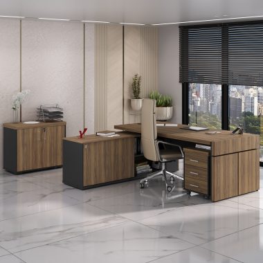 Conjunto Estação Diretoria Tamburato + Balcão Tambura 2 Portas + Gaveteiro Tamburato Nogal.Preto