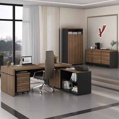 Conjunto Estação Diretoria Tamburato + Balcão Tamburato com Gavetas + Armário Tamburato + Gaveteiro Tamb Nogal.Preto