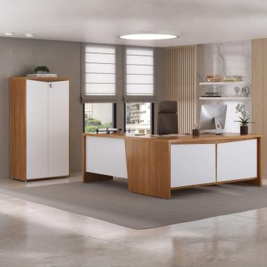 Conjunto Mesa Chefia Y37 + Armário 2 Portas Y37 + 2 Prateleira Tamburato 900 Freijó.Branco - Quadrada