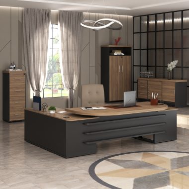 Conjunto Mesa Presidente + Balcão Tamburato com Gavetas + Armário Tamburato com Nicho + Arquivo - Nogal com Preto