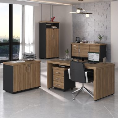 Conjunto Mesa Tamburato 1600 + Balcão Tamburato + Balcão Tamburato com Gavetas + Armario Tamburato Nogal.Preto - (1) Ambientada