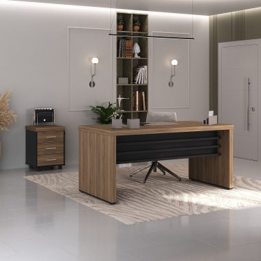 Conjunto Mesa Tamburato 1600 + Gaveteiro Tamburato 3 Gavetas - Nogal Preto (1) Ambientada