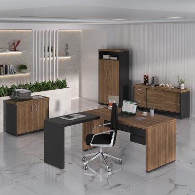 Conjunto Mesa Tamburato 1600 + Mesa de Apoio + Balcão Tamburato + Balcão Tamburato com Gavetas +Armario Tamburato Nogal.Preto - (1) Ambientada