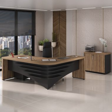 Conjunto Mesa Tamburato Diretor LE + Balcão Tamburato 2 P + Gaveteiro tamb 3 gavetas Nogal.Preto