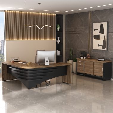 Conjunto Mesa Tamburato Diretor LE + Balcão Tamburato com Gavetas - (1) Ambientada