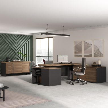 Conjunto Mesa Tamburato Presidente + Balcão Tamburato com Gavetas Nogal.Preto - (1) Ambientada