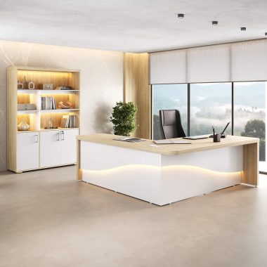 Conjunto Mesa Tamburato Supreme LD + Estante Tamburato com LED Carvalho.Branco (1)