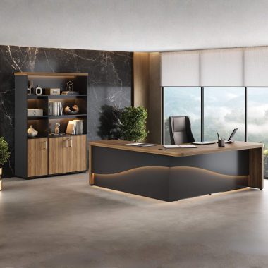 Conjunto Mesa Tamburato Supreme LD + Estante Tamburato com LED Nogal.Preto (1)