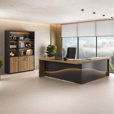 Conjunto Mesa Tamburato Supreme LE + Estante Tamburato com LED Nogal.Preto (1)