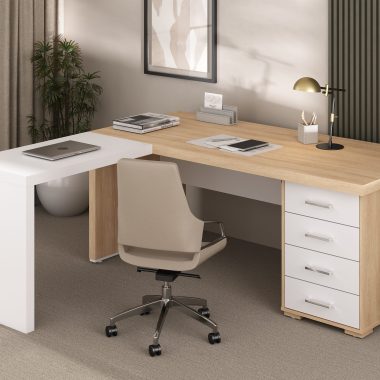 Conjunto Mesa Tamburato com Gavetas LD + Mesa de Apoio - Carvalho com Branco