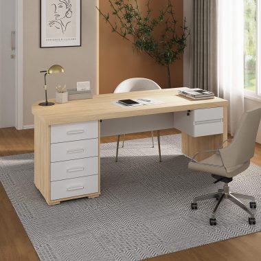 Conjunto Mesa Tamburato com Gavetas LE + Gaveteiro Suspenso Carvalho.Branco