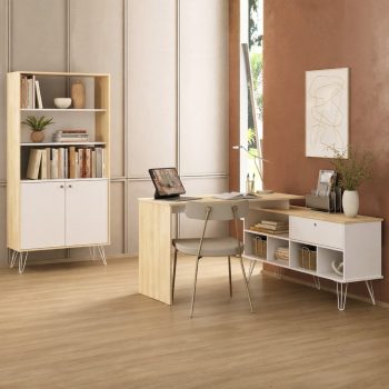 Escrivaninha Dubai + Estante Hit Carvalho.Branco - (1) Ambientada (quadrado)