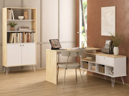 Escrivaninha Dubai + Estante Hit Carvalho.Branco - (1) Ambientada (quadrado)