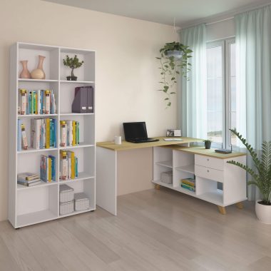 Escrivaninha Gold + Estante Clean 900x1878 - Branco com olmo