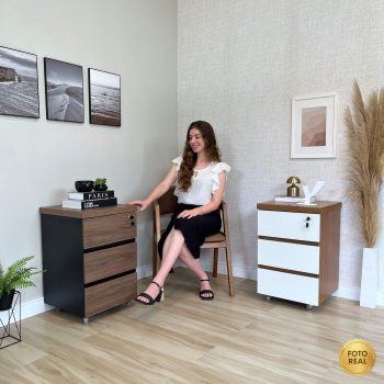 Gaveteiro 3 Gavetas Y37 - Nogal.Preto + Freijó.Branco - Foto Real