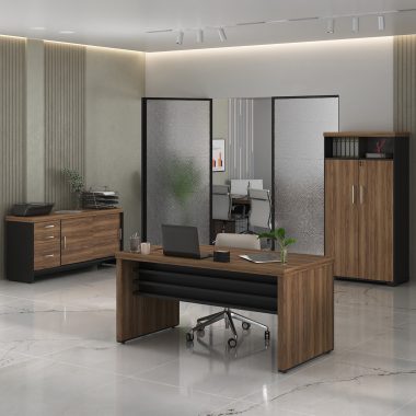 Mesa Tamburato 1600 + Balcao Tamburato com Gavetas + Armario Tamburato Nogal.Preto - (1) Ambientada